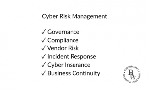Illustration representing cybersecurity risk management, including governance, compliance, third-party vendor risk, cyber insurance, and incident response planning.